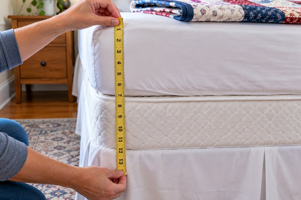 Measuring the drop from the top of the mattress with a quilter's tape measure