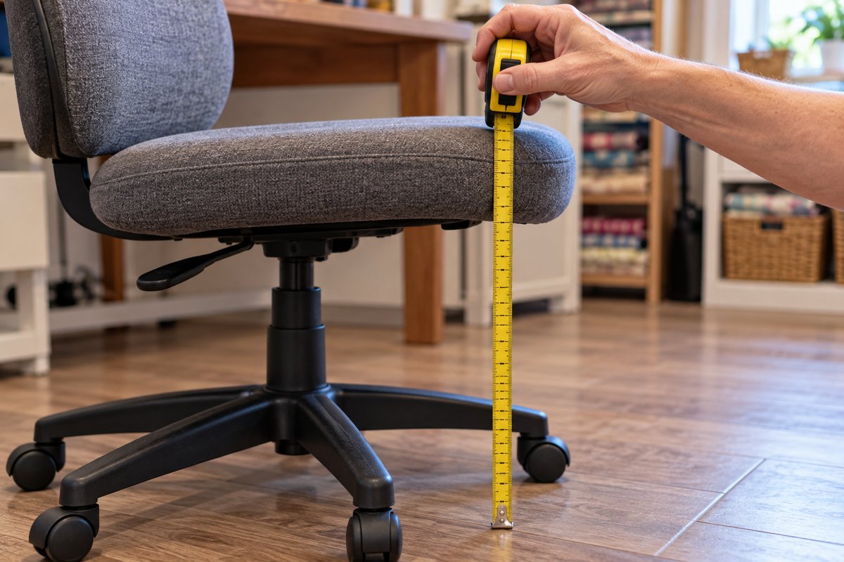 Measuring seat height with a tape measure before choosing the best sewing chair