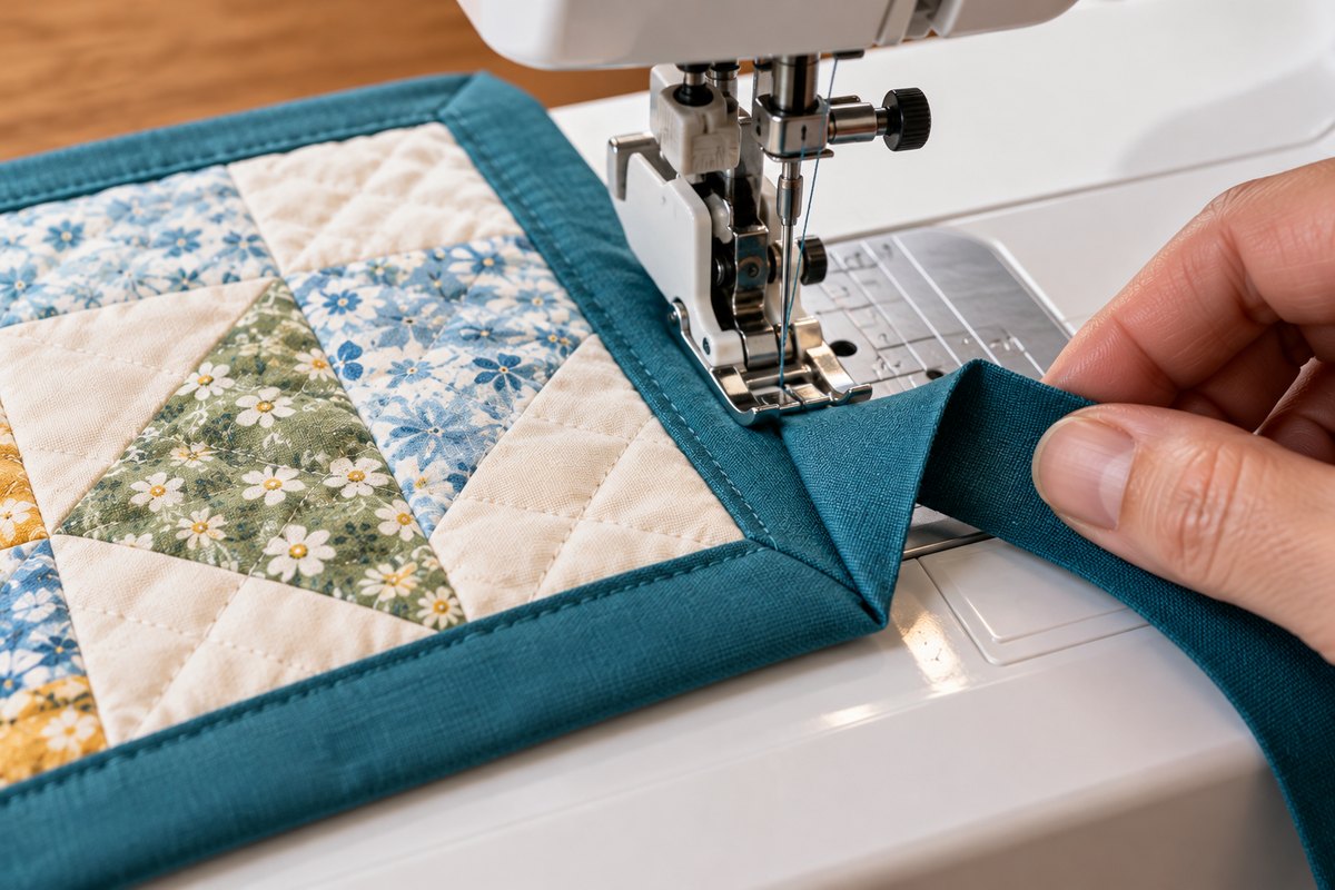 Teal quilt binding folded at the corner next to a walking foot on a sewing machine