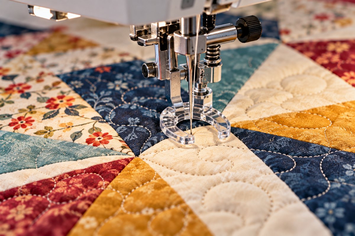 Free motion quilting foot with open toe design stitching a pieced quilt sandwich.
