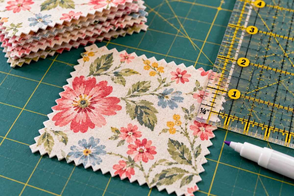 Pinked charm square with a quilting ruler showing the quarter inch line and a marking pen