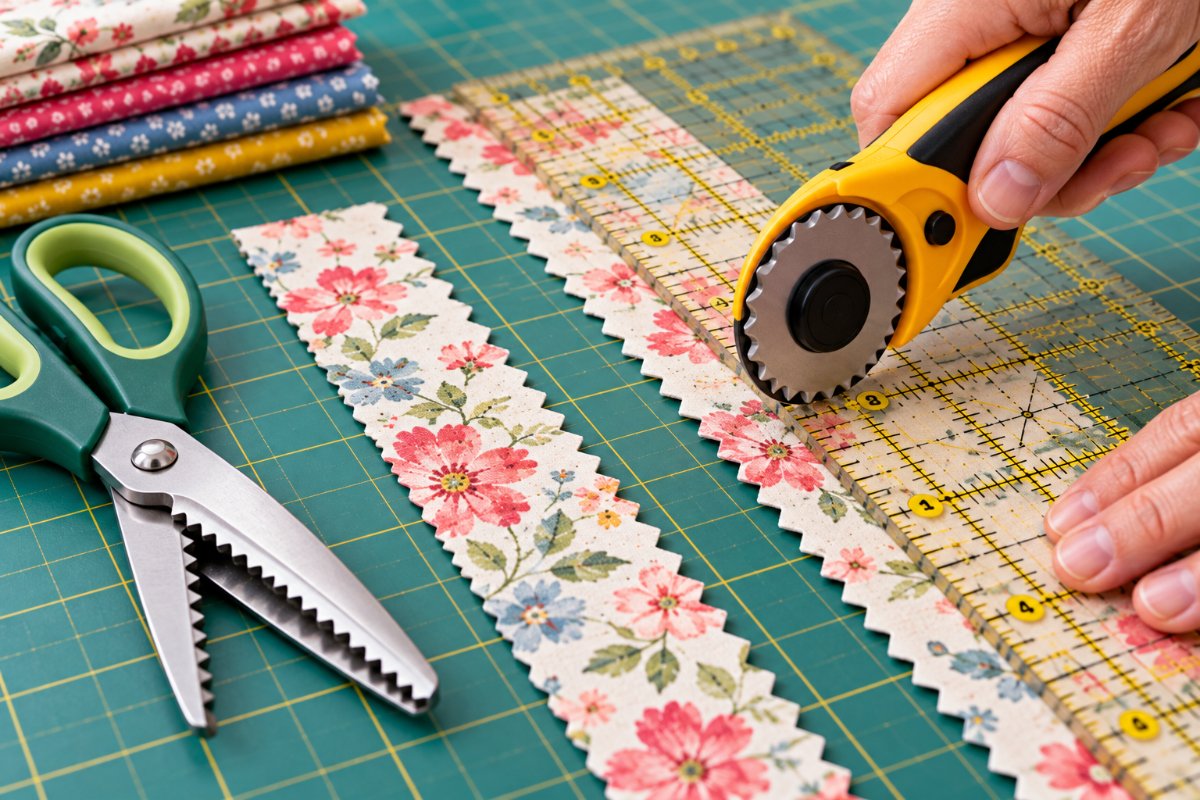 Pinking shears next to a rotary cutter with a wavy pinking blade trimming fabric along a quilting ruler