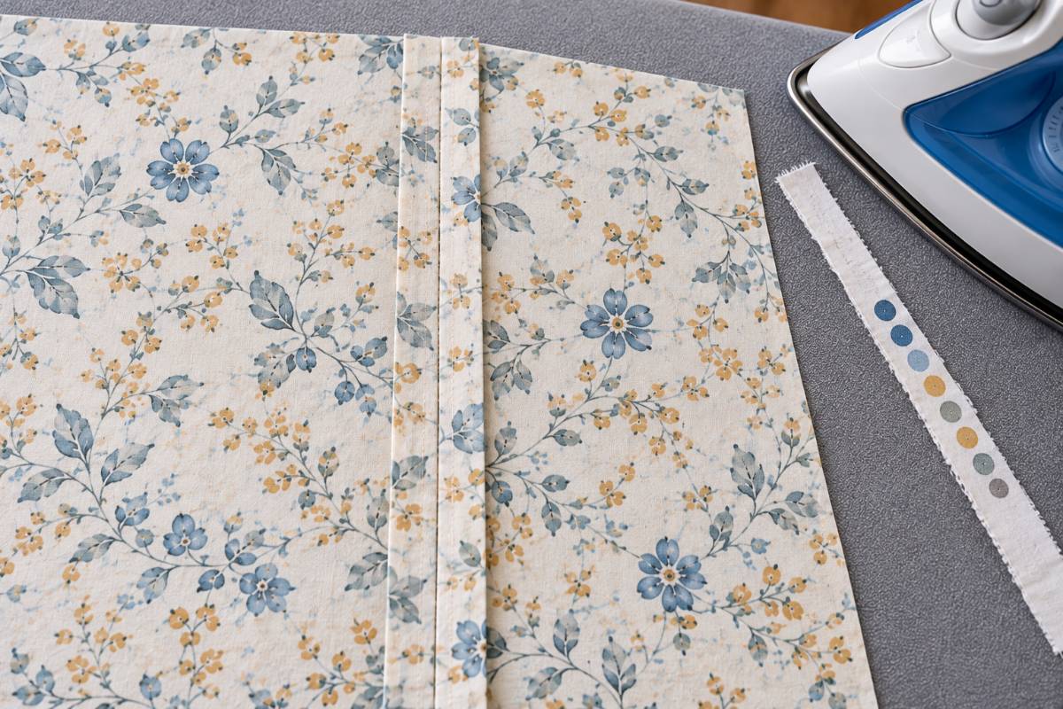 Quilt backing seam pressed open beside an iron and a trimmed selvage strip