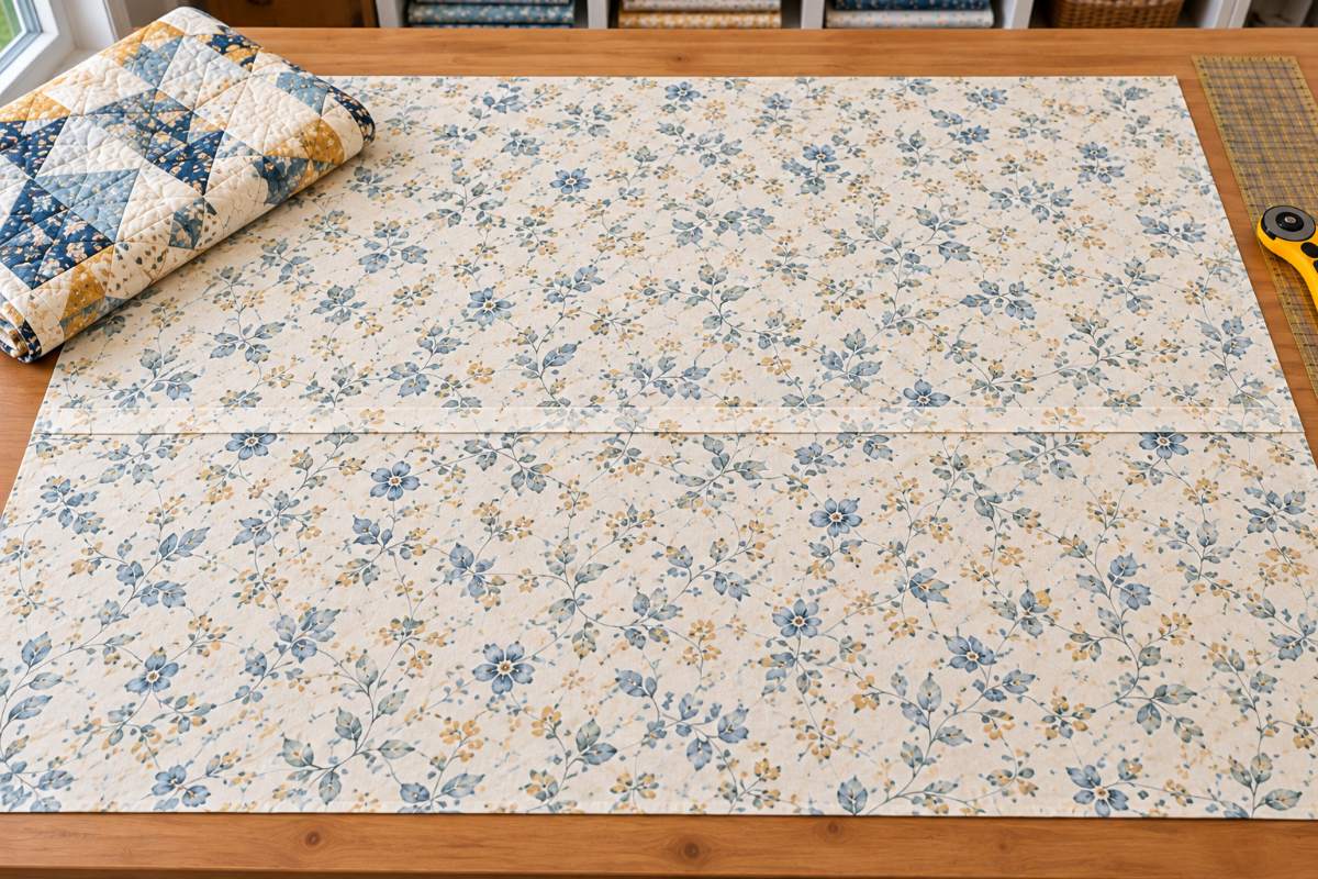 Quilt backing made from two panels of quilting cotton sewn together with a seam running side to side