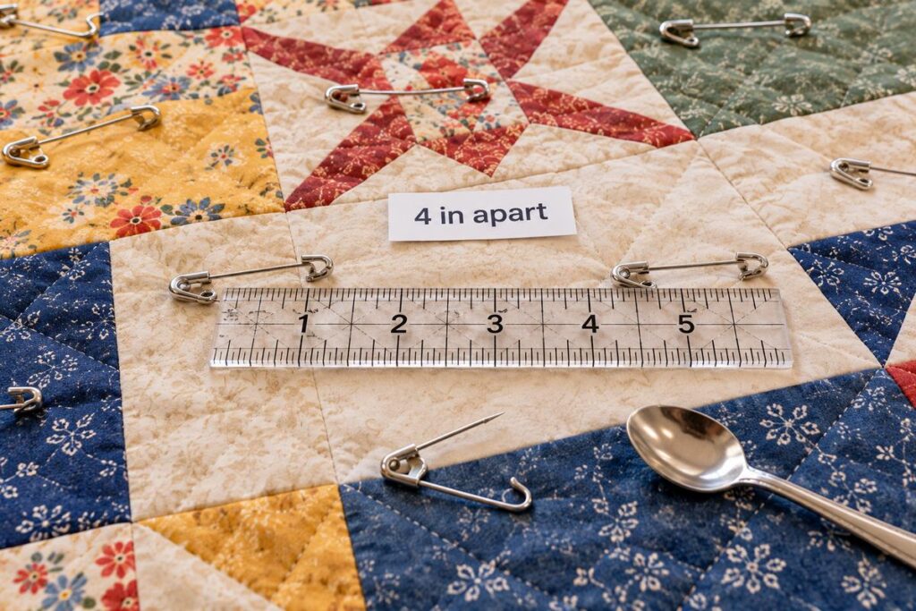 Curved safety pins placed about 4 inches apart on a quilt top, with a quilting ruler and a spoon