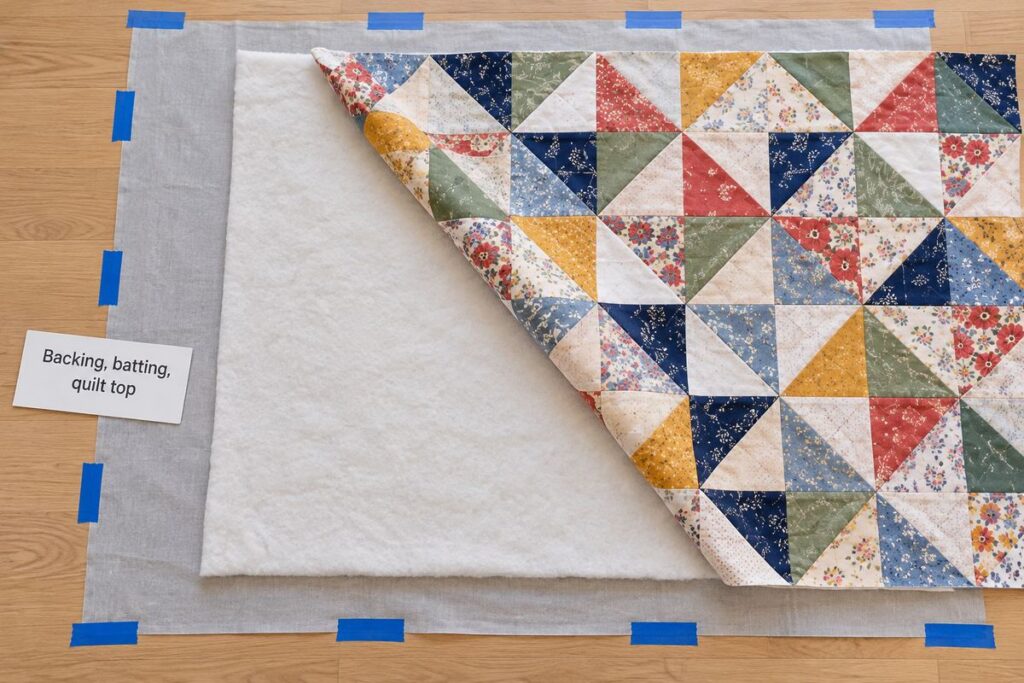 Quilt layers ready to baste: taped backing, batting and a half laid quilt top on the floor