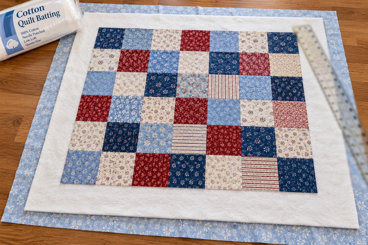 A quilt top centered on batting with about 4 inches of extra batting showing on every side