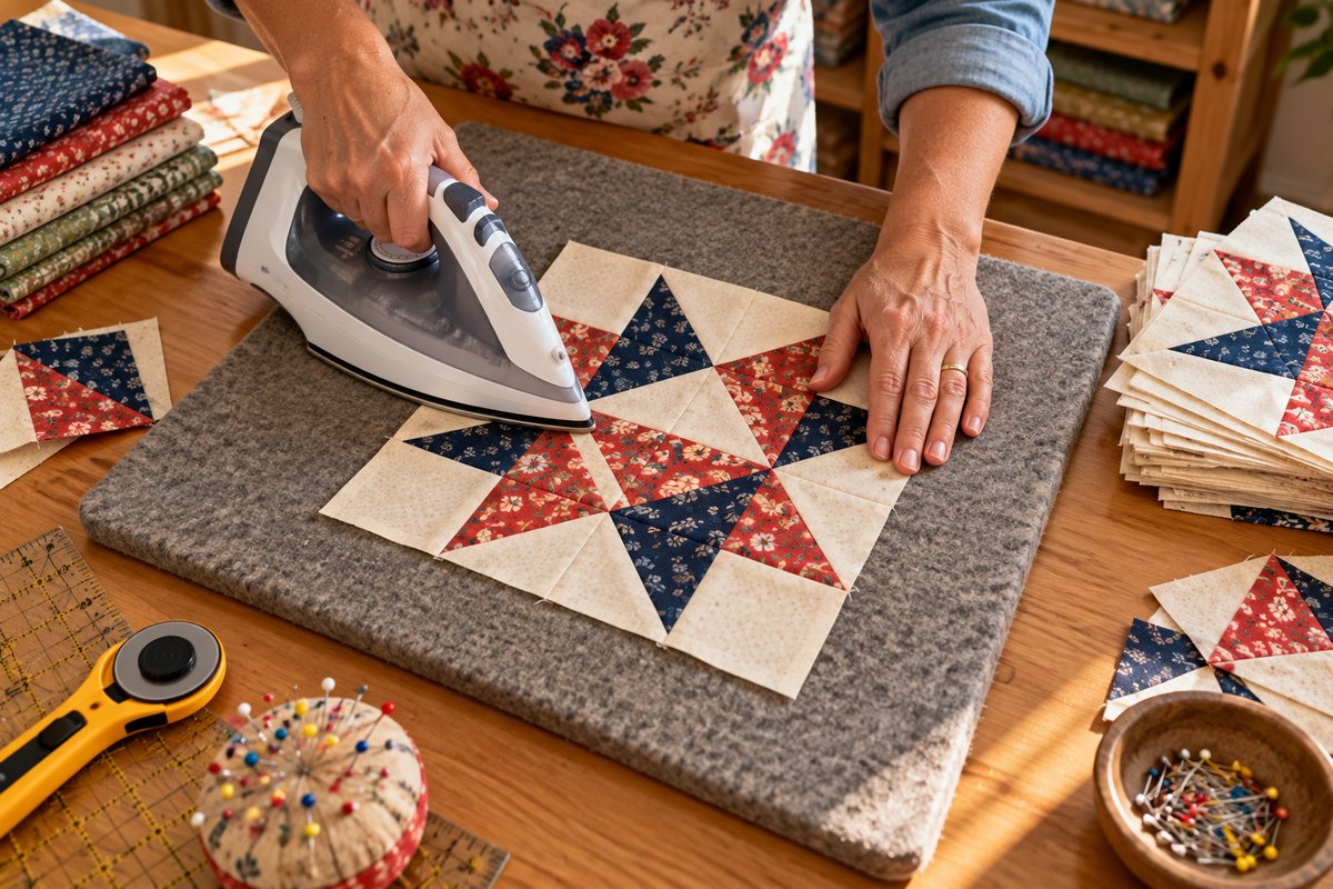 Best wool pressing mat in use: a quilter pressing a pieced star block with an iron on a dense wool mat