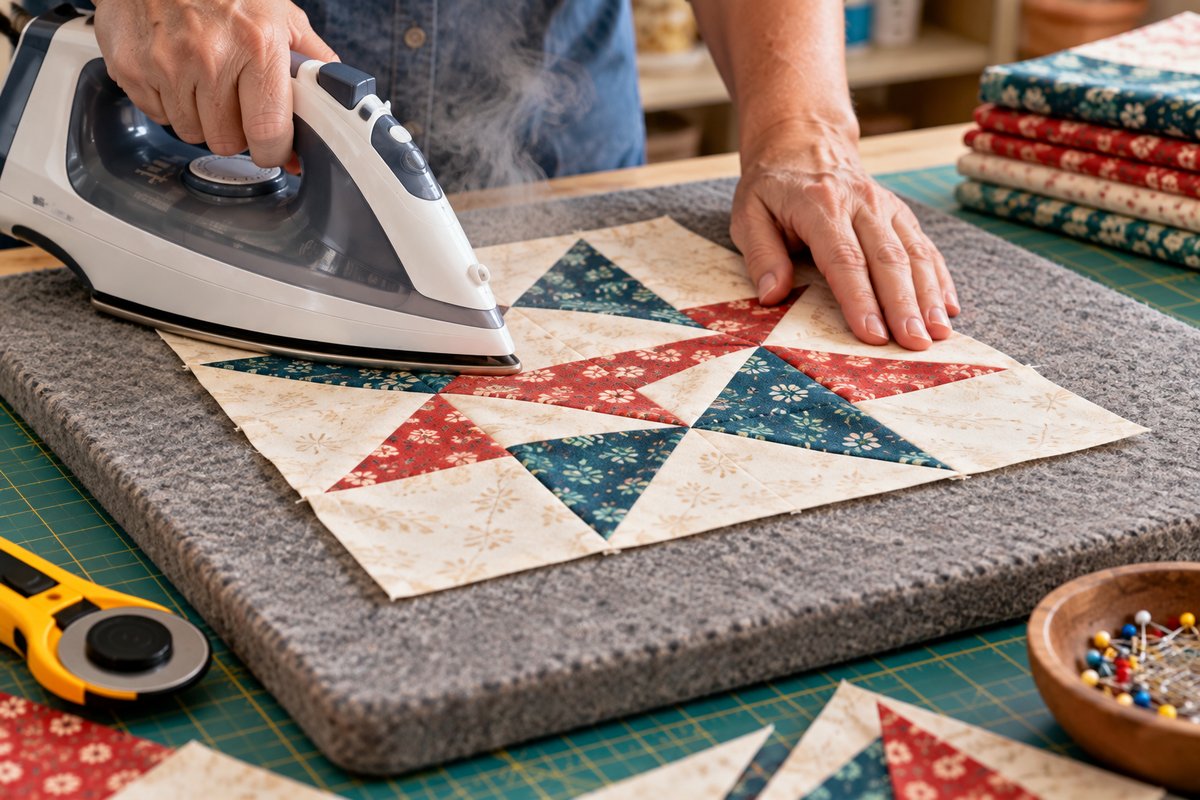 Pressing a quilt block with steam rising, wool pressing mat on a cutting table with a rotary cutter and pins nearby