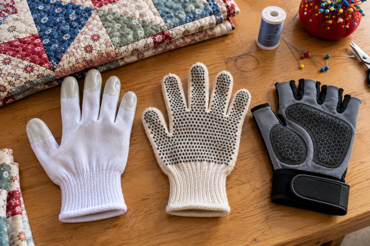 Three types of free motion quilting gloves side by side: coated fingertips, grip dots, and fingerless with palm pads