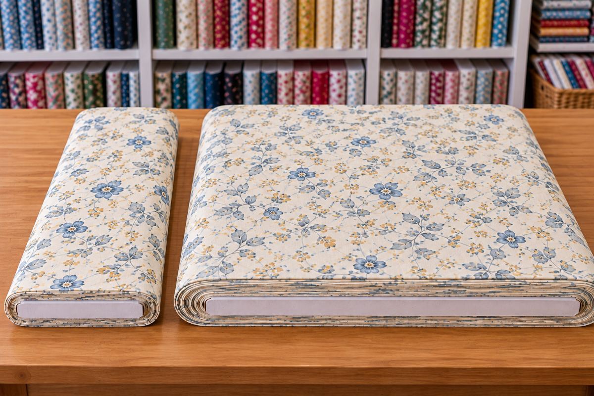A standard bolt of quilting cotton next to a much wider 108 inch quilt backing bolt