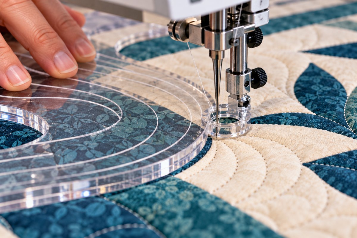 Ruler foot guiding an acrylic template for free motion quilting.