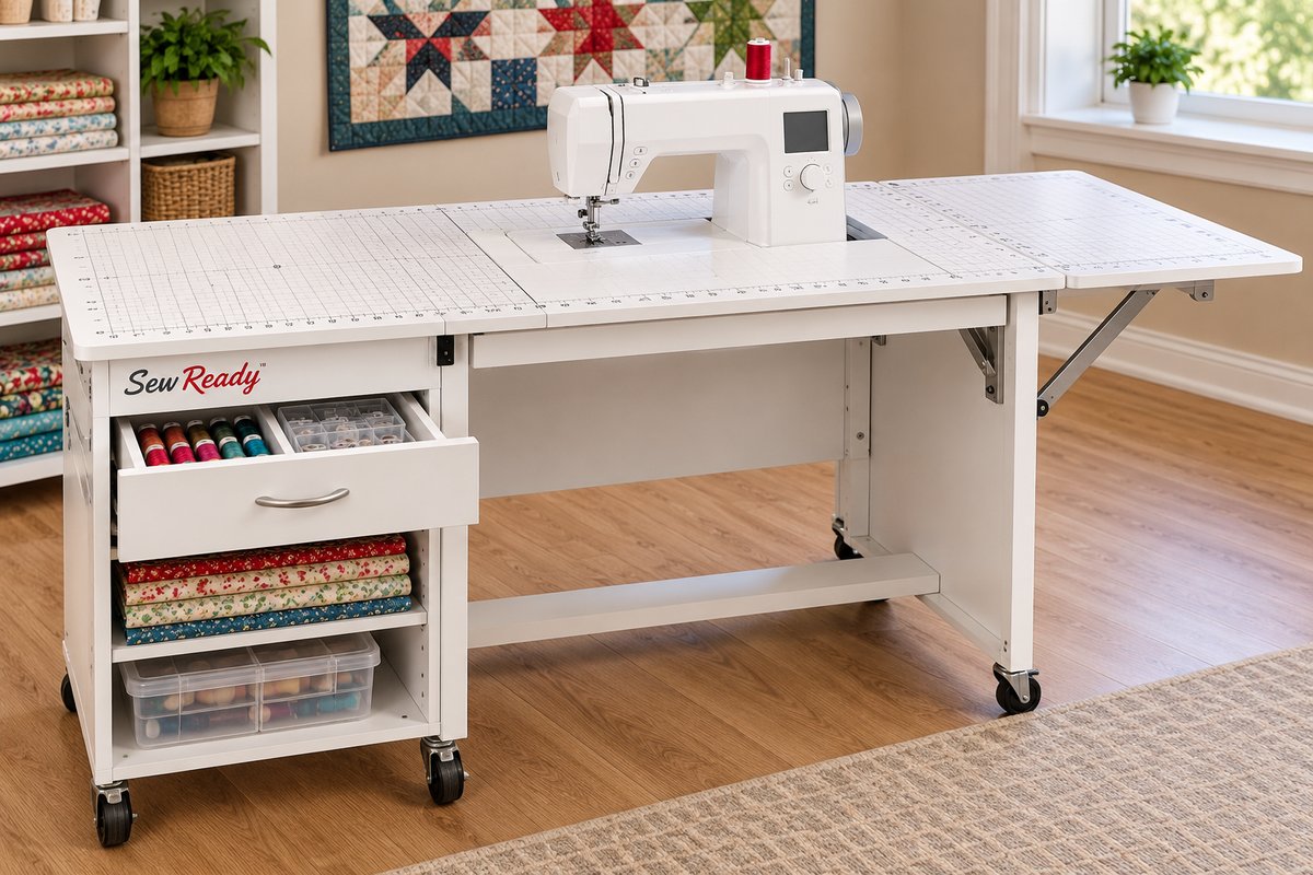 Sew Ready Comet Plus, the best overall sewing table for quilting, with grid top and storage drawer