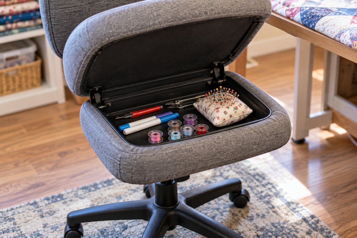 Open storage compartment under a sewing chair seat holding a seam ripper, marking pens, bobbins and a pincushion