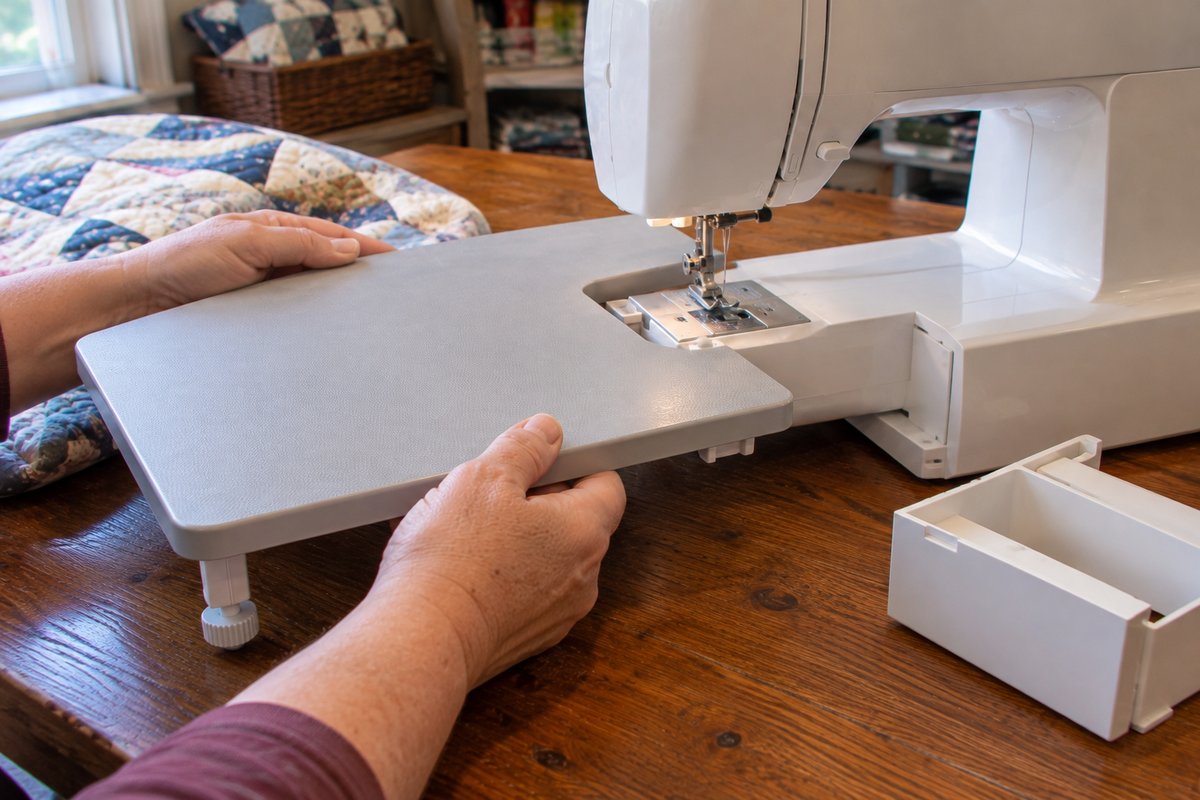 Sliding an extension table onto a sewing machine's free arm during installation