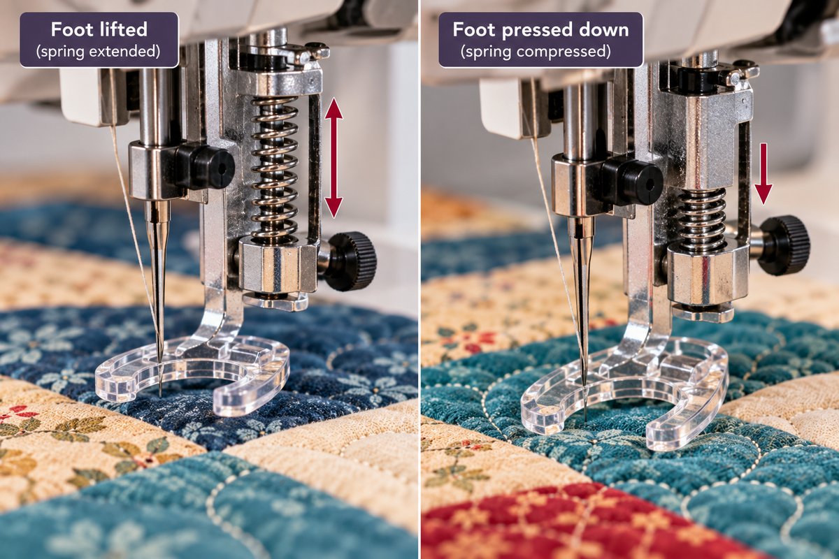 Spring mechanism on a hopping-style free motion quilting foot.