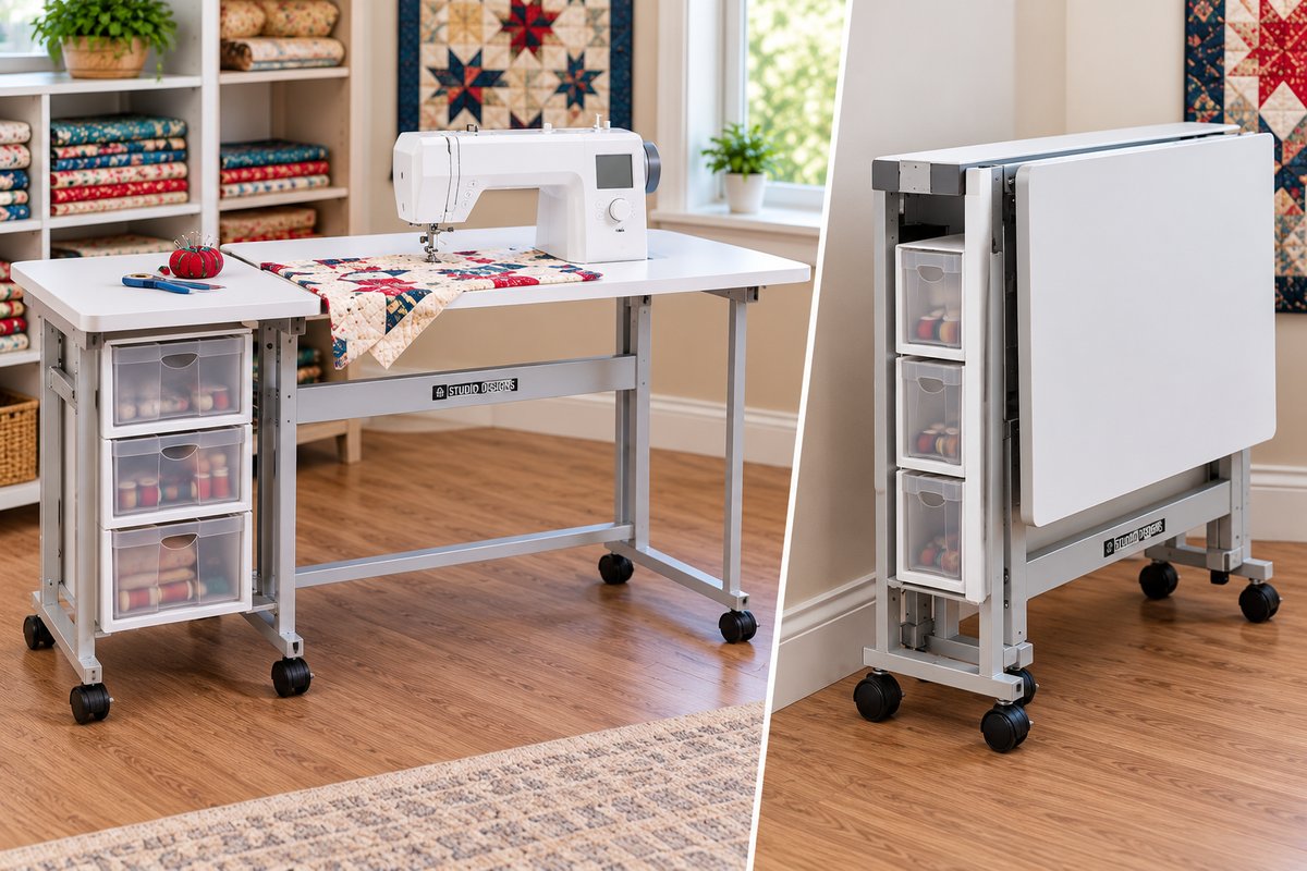 Studio Designs folding table, a budget sewing table for quilting, shown open and folded