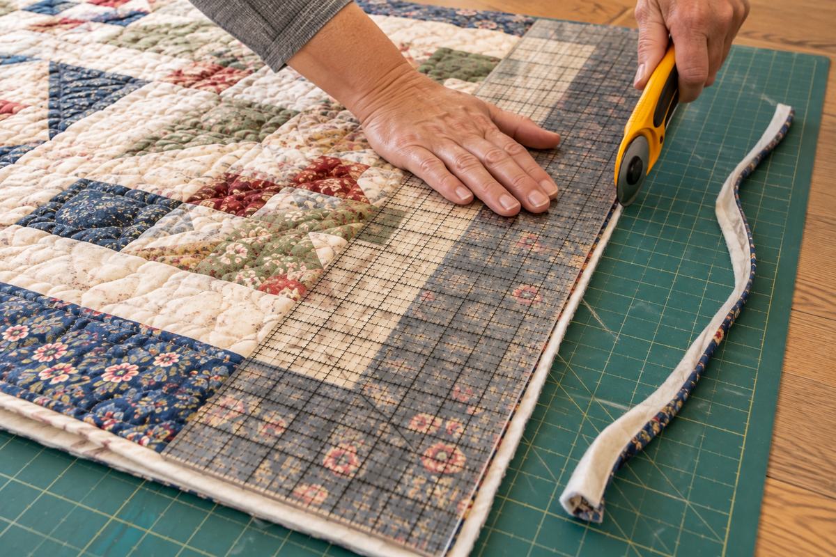 Long quilting ruler trimming the side of a quilt after squaring the corners